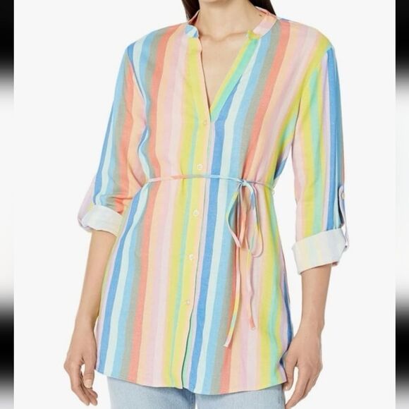 NWT GAP Linen Blend Rainbow Striped Shirt Long Sleeve Button Up Maternity Medium - Picture 1 of 10